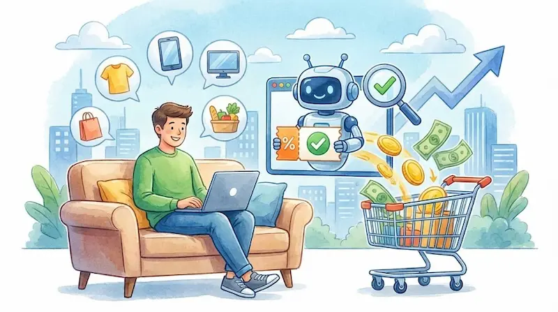 Ilustración de un hombre realizando compras online desde un sofá, asistido por un bot de inteligencia artificial que ofrece cupones de descuento verificados, generando ahorro en el carrito de compra.