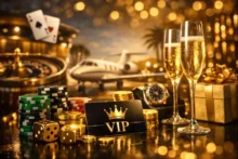 VIP card with casino chips and roulette wheel, representing online casino rewards and loyalty programs