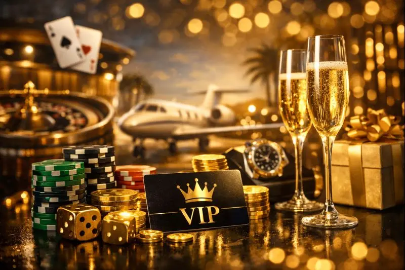 VIP card with casino chips and roulette wheel, representing online casino rewards and loyalty programs