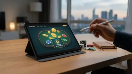 Tablet con interfaz de casino online y aviso de “bonus unlocked”, junto a fichas y un lápiz óptico sobre una mesa.