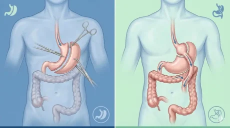 Ilustración comparativa de manga gástrica y bypass gástrico con el recorrido del alimento