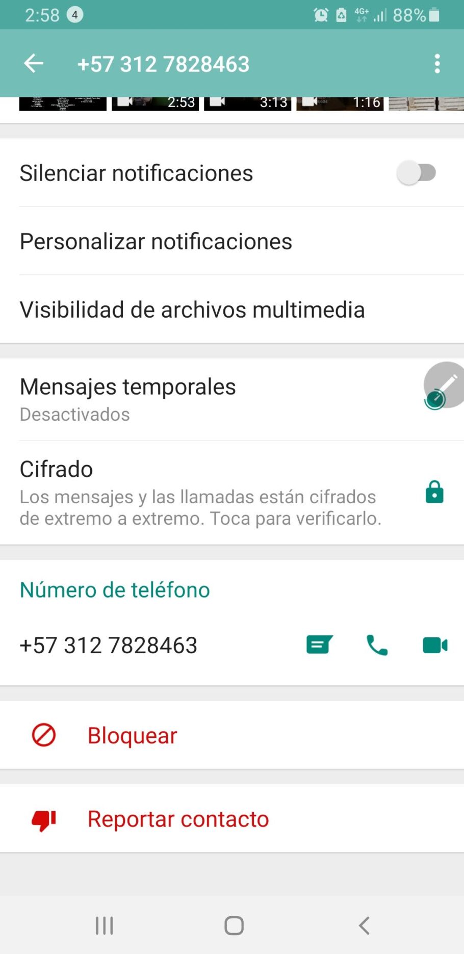 Captura de pantalla de WhatsApp con la sección de información de contacto y opciones para bloquear o reportar.