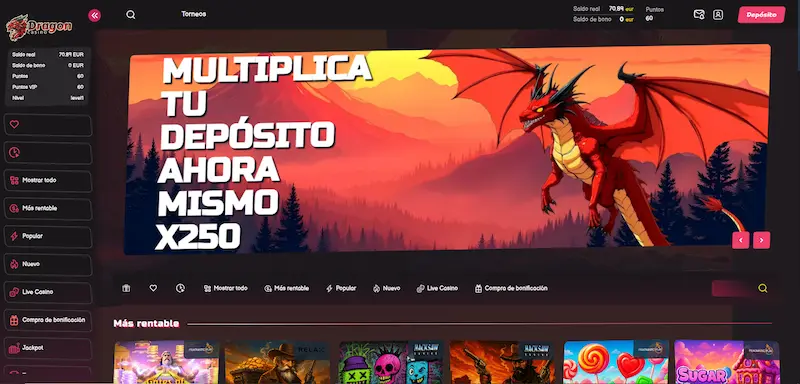 Captura de un casino online con banner promocional “Multiplica tu depósito x250” y un dragón rojo, con menú de juegos y opciones de depósito.