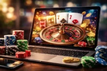 Laptop con ruleta de casino en pantalla, fichas de póker, dados y monedas sobre un escritorio; escena que representa casinos online.