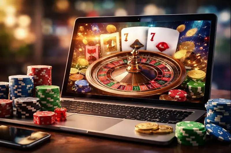 Laptop con ruleta de casino en pantalla, fichas de póker, dados y monedas sobre un escritorio; escena que representa casinos online.