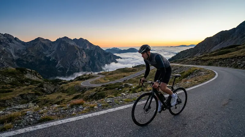 Ciclista subiendo un puerto de montaña al amanecer, con ruta serpenteante y mar de nubes en alta montaña.