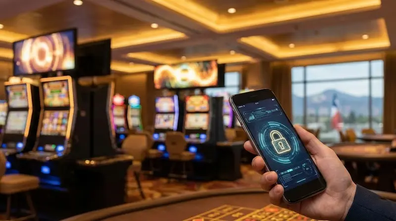 Celular con icono de candado en una sala de casino con tragamonedas, asociado a la activación segura de códigos promocionales de Casino Monticello en Chile 2026.