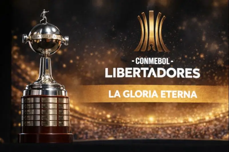 Trofeo de la Copa Libertadores con el logo de CONMEBOL Libertadores y la frase La Gloria Eterna de fondo