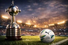 Trofeo de la Copa Libertadores junto a la pelota oficial en un estadio iluminado