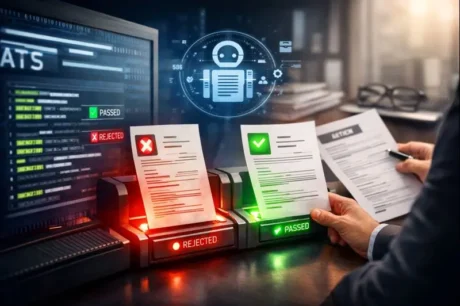 Interfaz de sistema ATS filtrando currículums con resultados de aprobado y rechazado mientras un reclutador revisa documentos en una oficina.