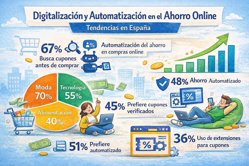 Infografía sobre digitalización y automatización del ahorro online en España con datos sobre cupones y extensiones