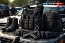 Equipamiento táctico para fuerza policial en Argentina: chaleco táctico, borcegos, mochila y cinturón sobre capó de patrullero