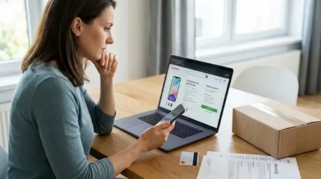 Mujer compra un smartphone por internet desde una laptop, con paquete y tarjeta sobre la mesa