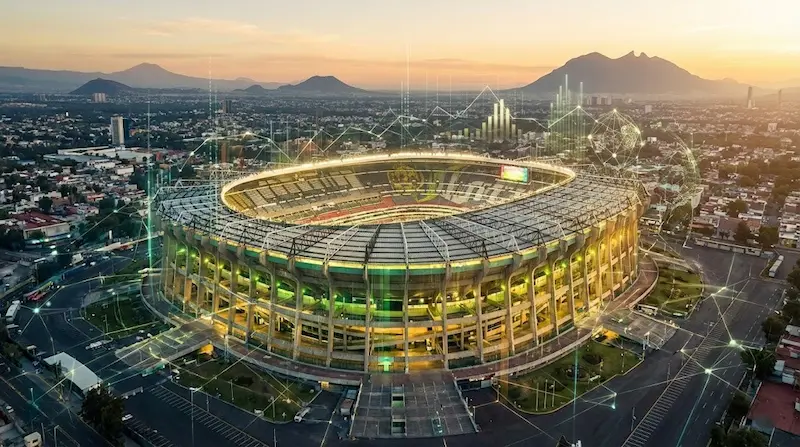 Vista aérea de un estadio iluminado al atardecer con gráficos de datos superpuestos, imagen ilustrativa sobre el impacto económico del Mundial 2026 en México.