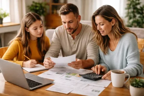 Familia revisa cuentas del hogar con calculadora y recibos para reducir gastos y ordenar el presupuesto familiar.