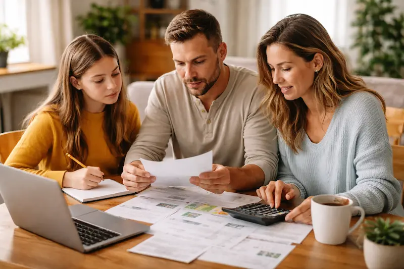 Familia revisa cuentas del hogar con calculadora y recibos para reducir gastos y ordenar el presupuesto familiar.