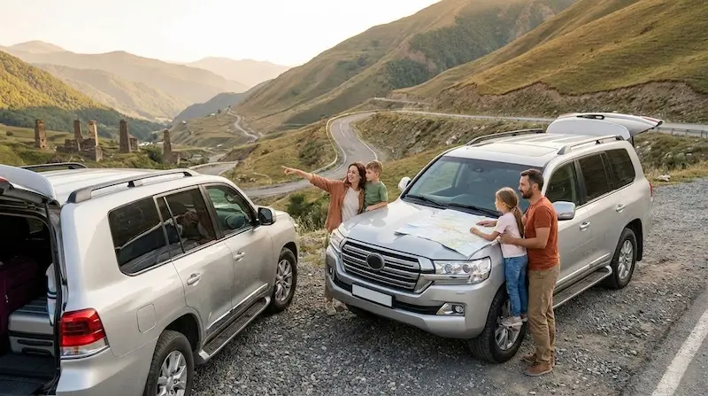 Familia junto a dos SUV revisa un mapa antes de seguir ruta por una carretera de montaña en Georgia.