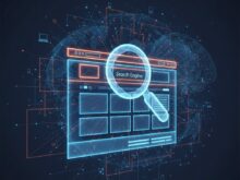 Digital illustration of a magnifying glass over a website interface with the text “Search Engine”, representing homepage SEO and site structure