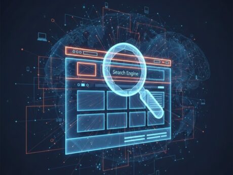 Digital illustration of a magnifying glass over a website interface with the text “Search Engine”, representing homepage SEO and site structure