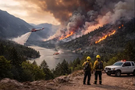 Incendio forestal en Puerto Patriada, cerca de El Hoyo, con brigadistas y aviones hidrantes combatiendo el fuego en la Comarca Andina de Chubut