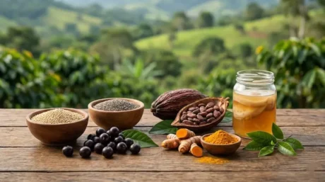 Semillas en cuencos, bayas oscuras, vaina de cacao con granos, raíces y polvo de especia amarilla y frasco con bebida ámbar, sobre mesa de madera con cultivos al fondo.