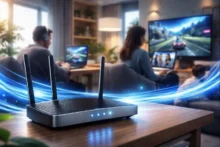 Escritorio de home office con router Wi-Fi, cable de fibra óptica y laptop en videollamada, ilustrando internet simétrico y conexión estable en México.