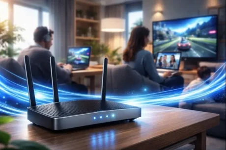 Escritorio de home office con router Wi-Fi, cable de fibra óptica y laptop en videollamada, ilustrando internet simétrico y conexión estable en México.
