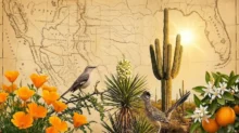 Mapa de EE.UU. con símbolos del suroeste: amapolas de California, cactus saguaro, yuca, aves y flores de azahar con naranjas.