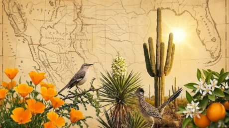 Mapa de EE.UU. con símbolos del suroeste: amapolas de California, cactus saguaro, yuca, aves y flores de azahar con naranjas.