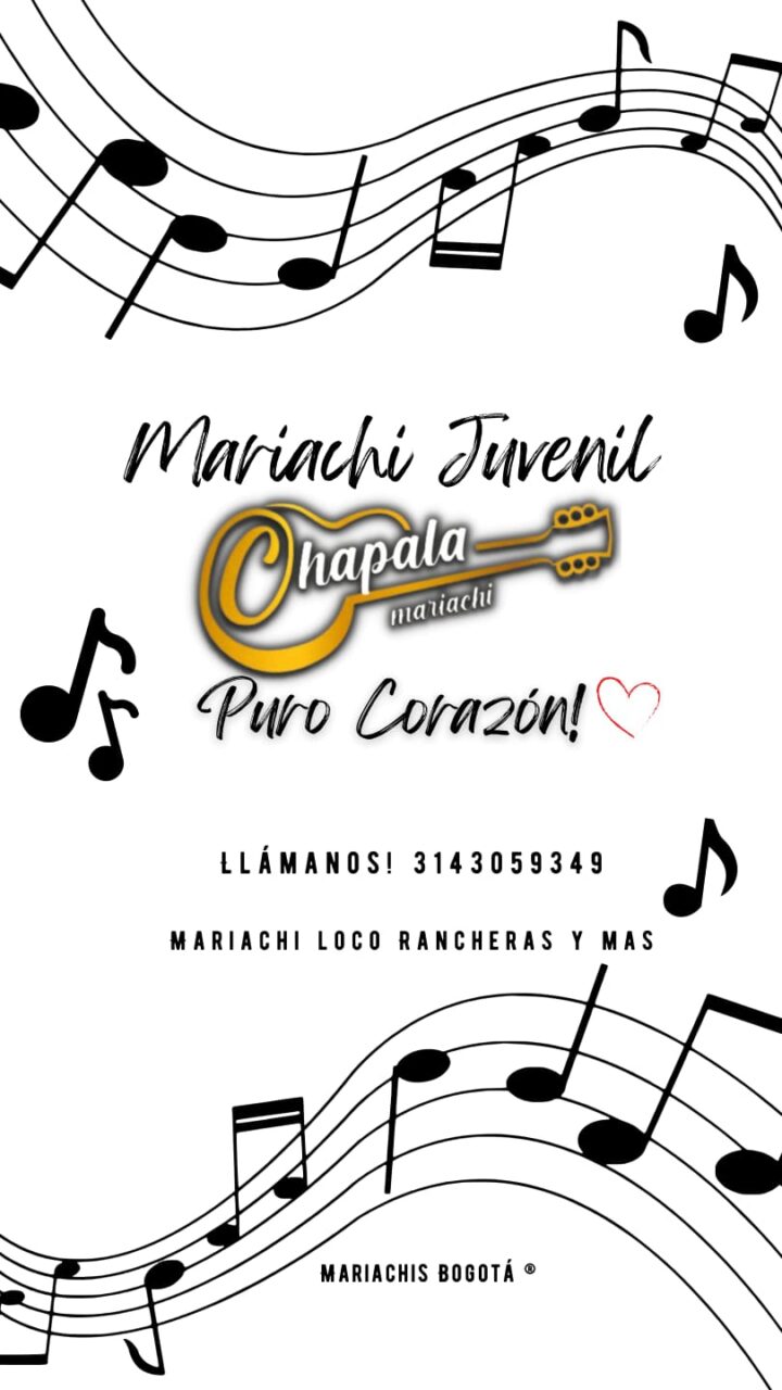 Afiche de 'Mariachi Juvenil Chapala' con notas musicales, logotipo de guitarra y la frase 'Puro Corazón'.