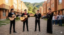 Integrantes de un mariachi juvenil interpretando música en vivo en una calle, con guitarra, guitarrón, trompeta y violín.