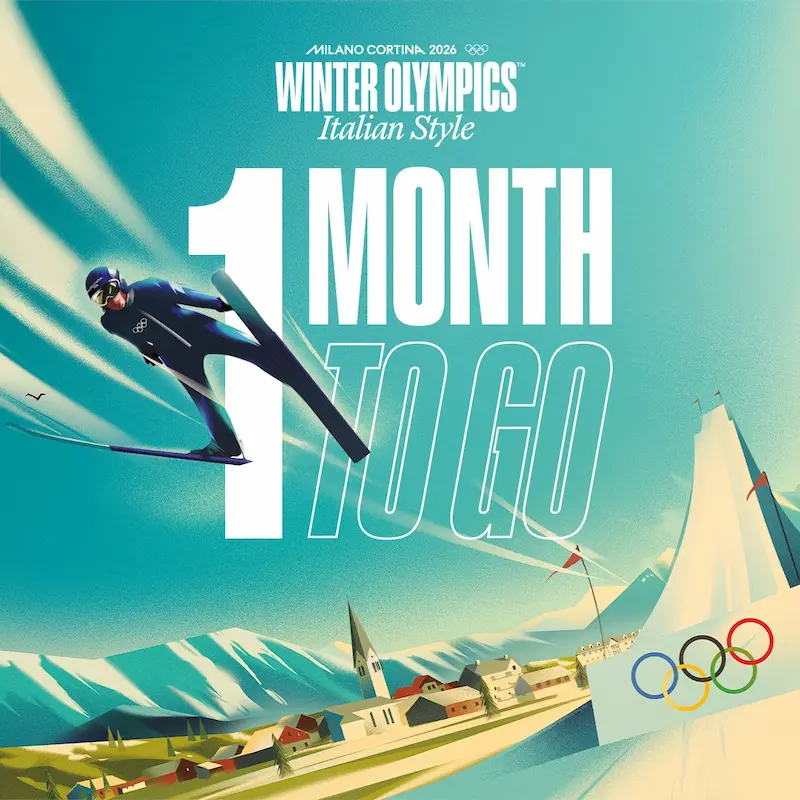 Afiche de Milano Cortina 2026 con un esquiador en salto y el texto 1 month to go