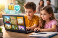 Niños jugando minijuegos online en una laptop con íconos de seguridad y control parental en pantalla