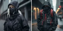Dos personas con estilo techwear cyberpunk: camperas negras con capucha, máscaras y detalles rojos, en una calle urbana lluviosa.