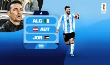 Gráfico del Mundial 2026 con un jugador de Argentina y tabla del grupo J (ALG, AUT, JOR) y el logo del torneo.