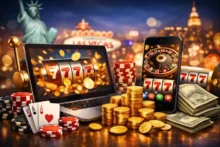 Online casino bonuses concept with slot 777 on a laptop, roulette on a phone, chips and coins, and a Las Vegas skyline background.