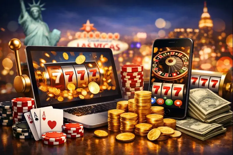 Online casino bonuses concept with slot 777 on a laptop, roulette on a phone, chips and coins, and a Las Vegas skyline background.