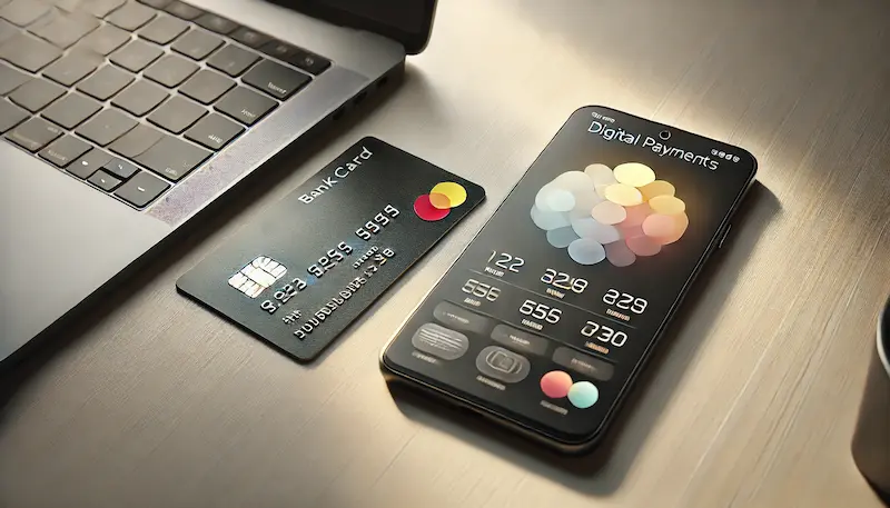 Teléfono con app de pagos y tarjeta bancaria junto a una laptop, ilustrando depósitos y retiros en casinos online en Chile