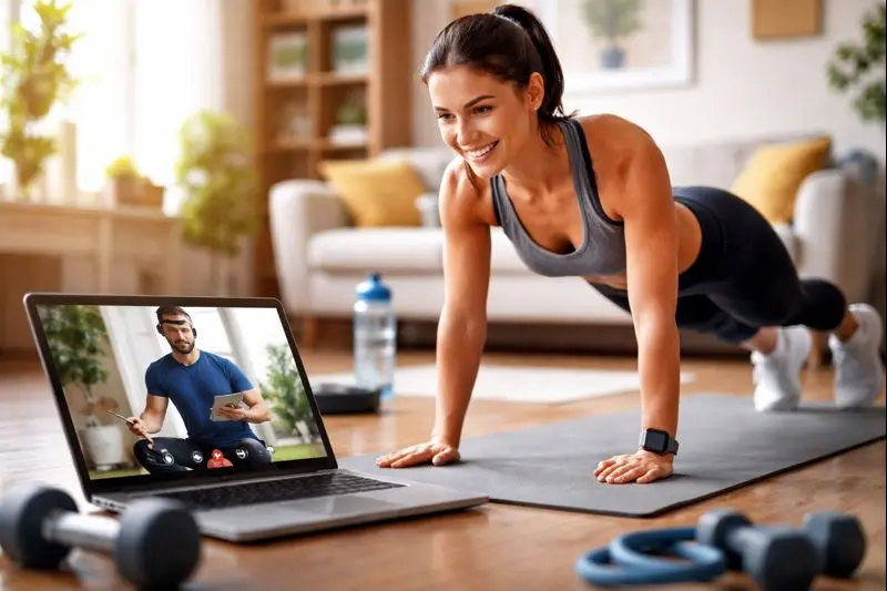 Persona entrenando en casa mientras sigue una sesión con personal trainer online en una videollamada desde una laptop