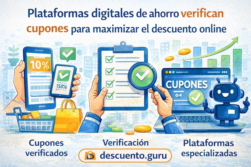 Ilustración de plataformas de ahorro que verifican cupones para maximizar el descuento en compras online
