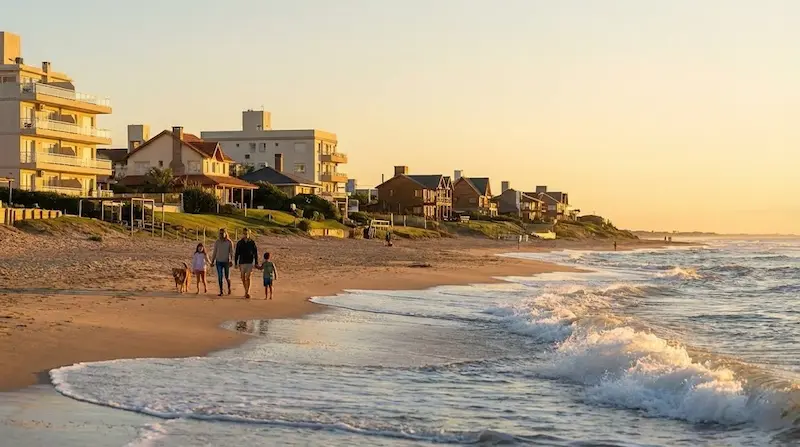 Personas caminando por la orilla al atardecer, con casas y edificios frente al mar y olas suaves