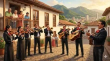 Grupo de mariachi interpreta una serenata en una calle empedrada, mientras vecinos observan desde un balcón.