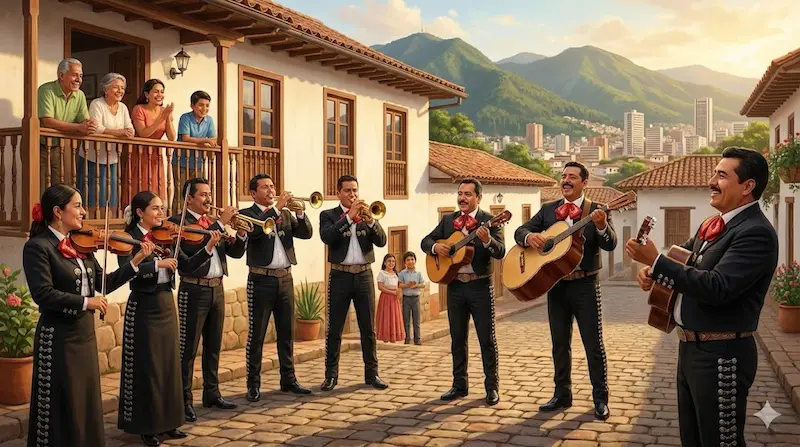 Grupo de mariachi interpreta una serenata en una calle empedrada, mientras vecinos observan desde un balcón.