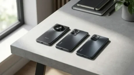 Tres smartphones Honor en color negro sobre una mesa, con distintos módulos de cámara, en una escena de escritorio.