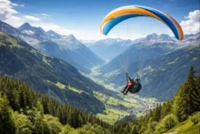 Tandem-Gleitschirmflieger über einem grünen Alpental in Vorarlberg, im Hintergrund schneebedeckte Gipfel und blauer Himmel.