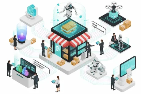 Ilustración isométrica de una tienda online conectada a IA, automatización, analítica y logística para escalar el comercio electrónico en 2026