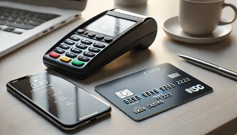 Terminal de pago, tarjeta bancaria y teléfono sobre una mesa, como referencia a métodos de depósito y retiro en casinos online en Chile