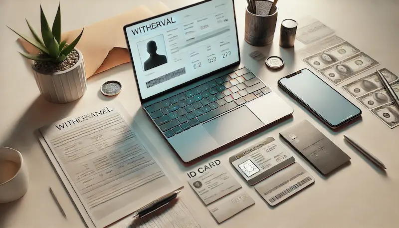 Laptop y teléfono junto a documentos de verificación y tarjetas genéricas, representando el proceso de retiro y validación en casinos online en Chile