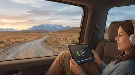 Persona en el asiento trasero de un auto viendo un video en una tablet con icono de descarga, con paisaje patagónico de fondo