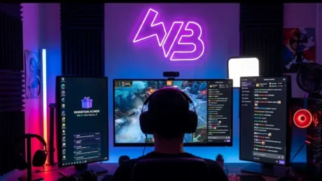 Persona frente a tres monitores con stream en vivo y chats, en set con luces neón, ilustrando análisis de algoritmos y datos.